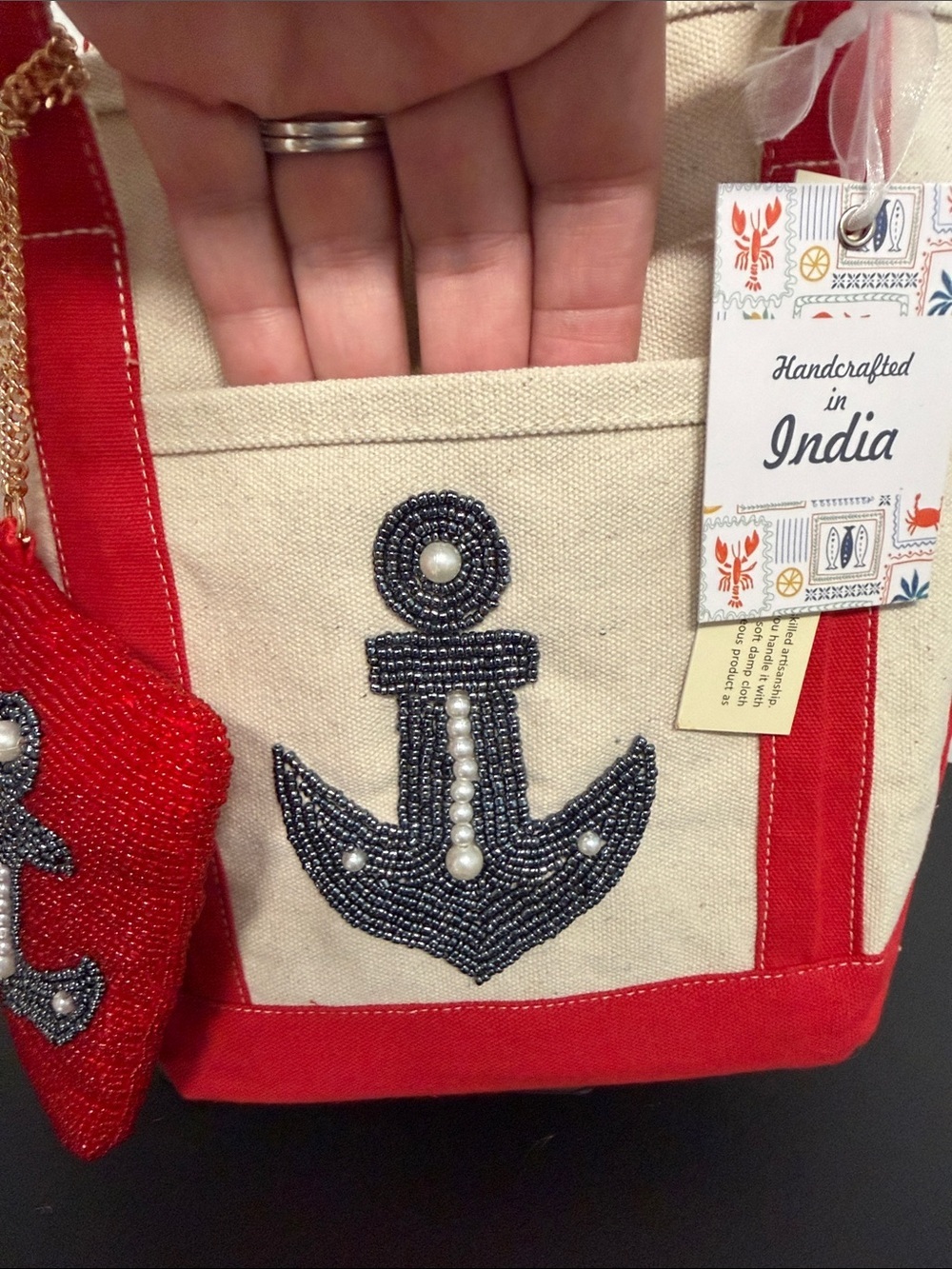 Handcrafted In India | Mini Canvas Tote w/ Beaded Anchor & Matching Wallet ⚓️ - Picture 5 of 11